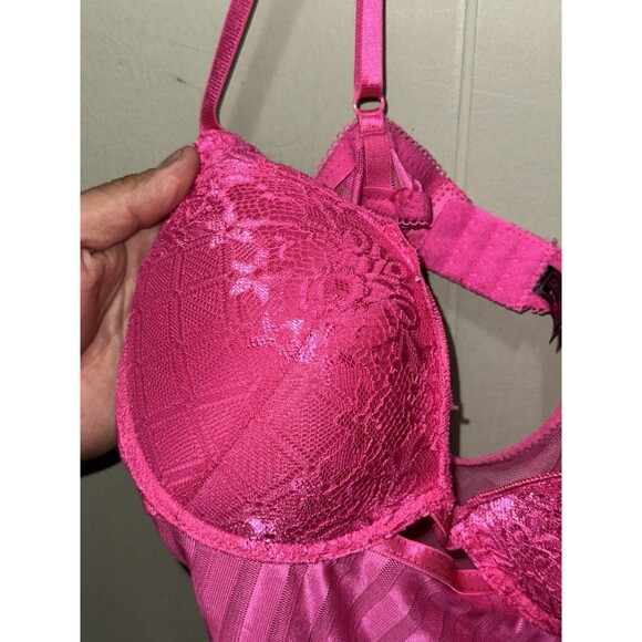 Black Fuchsia Womens Lrg Pink Lace Trim Adjustable Straps Babydoll Lingerie 1pc - Picture 2 of 7